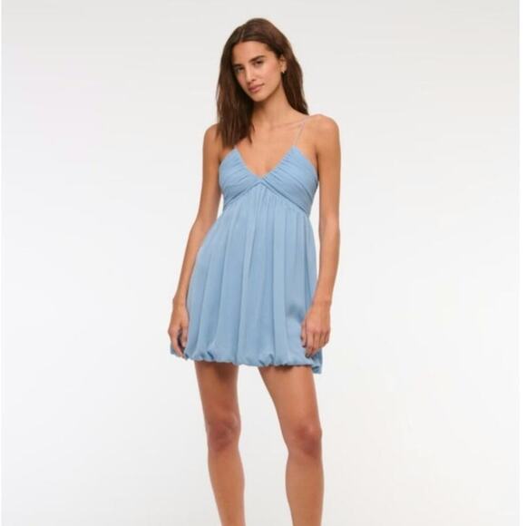 ABERCROMBIE & FITCH Sheer Bubble Hem Mini Dress in Cloudy Blue, sz Small - Picture 4 of 16